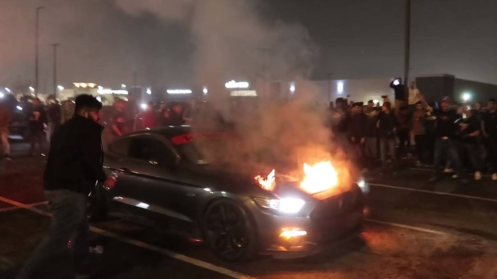 Watch A Mustang Burst Into Flames After Doing Way Too Many Donuts