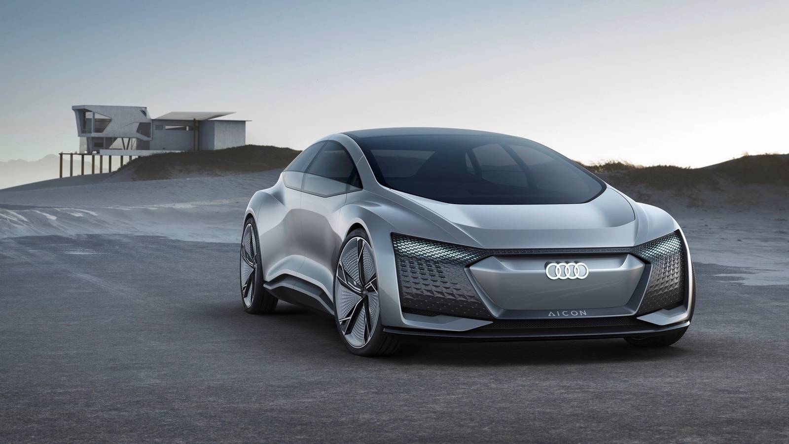 Audi self-driving concept car gliding through a futuristic cityscape