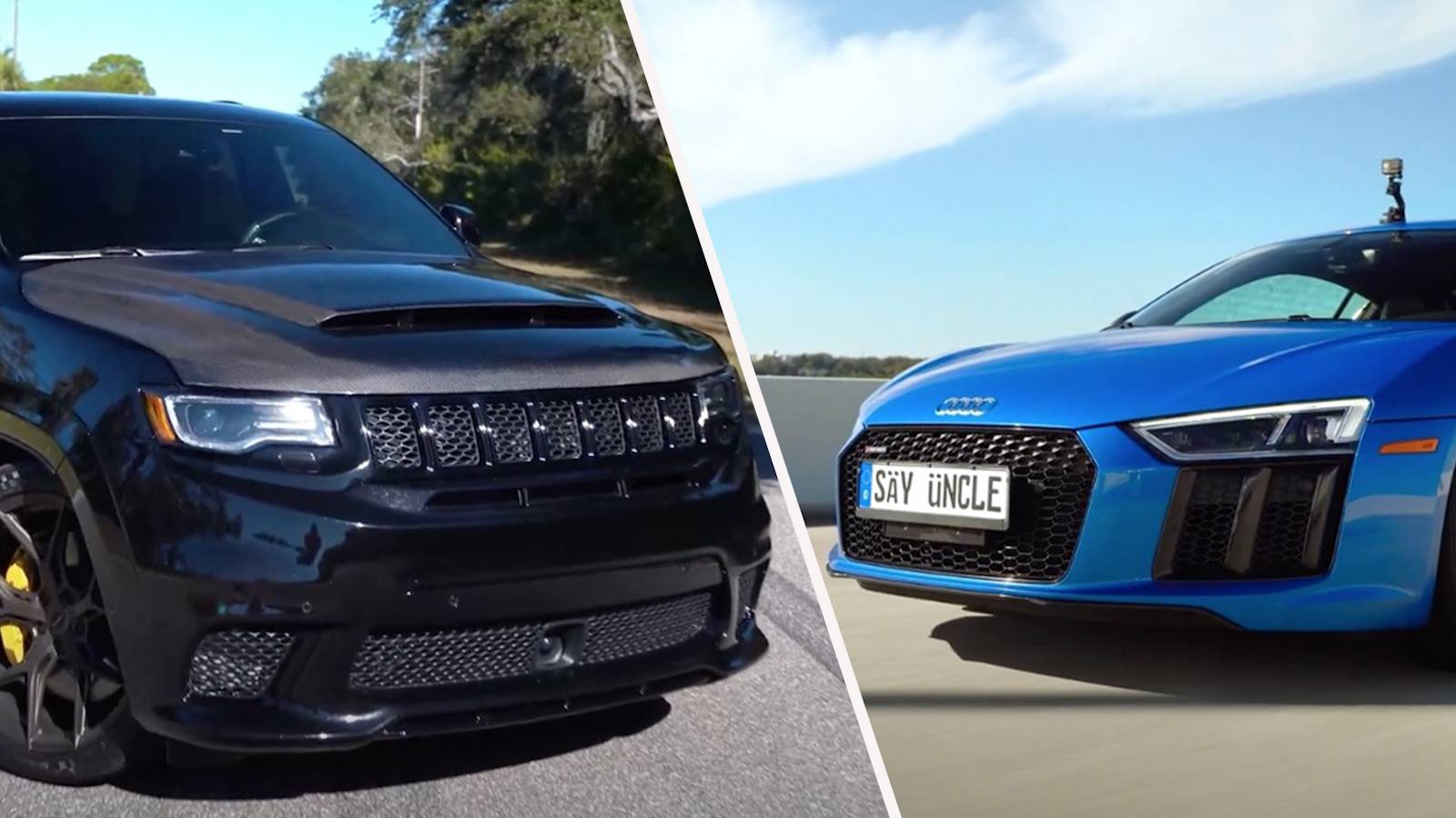 Watch This Insane 1000-HP Jeep Trackhawk Drag Race A Stock Audi R8 V10 Plus