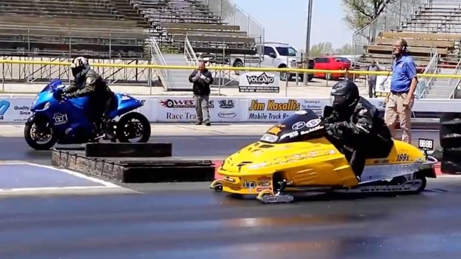 No Snow, No Problem: Modified Snowmobile Drag Races Suzuki Hayabusa On ...
