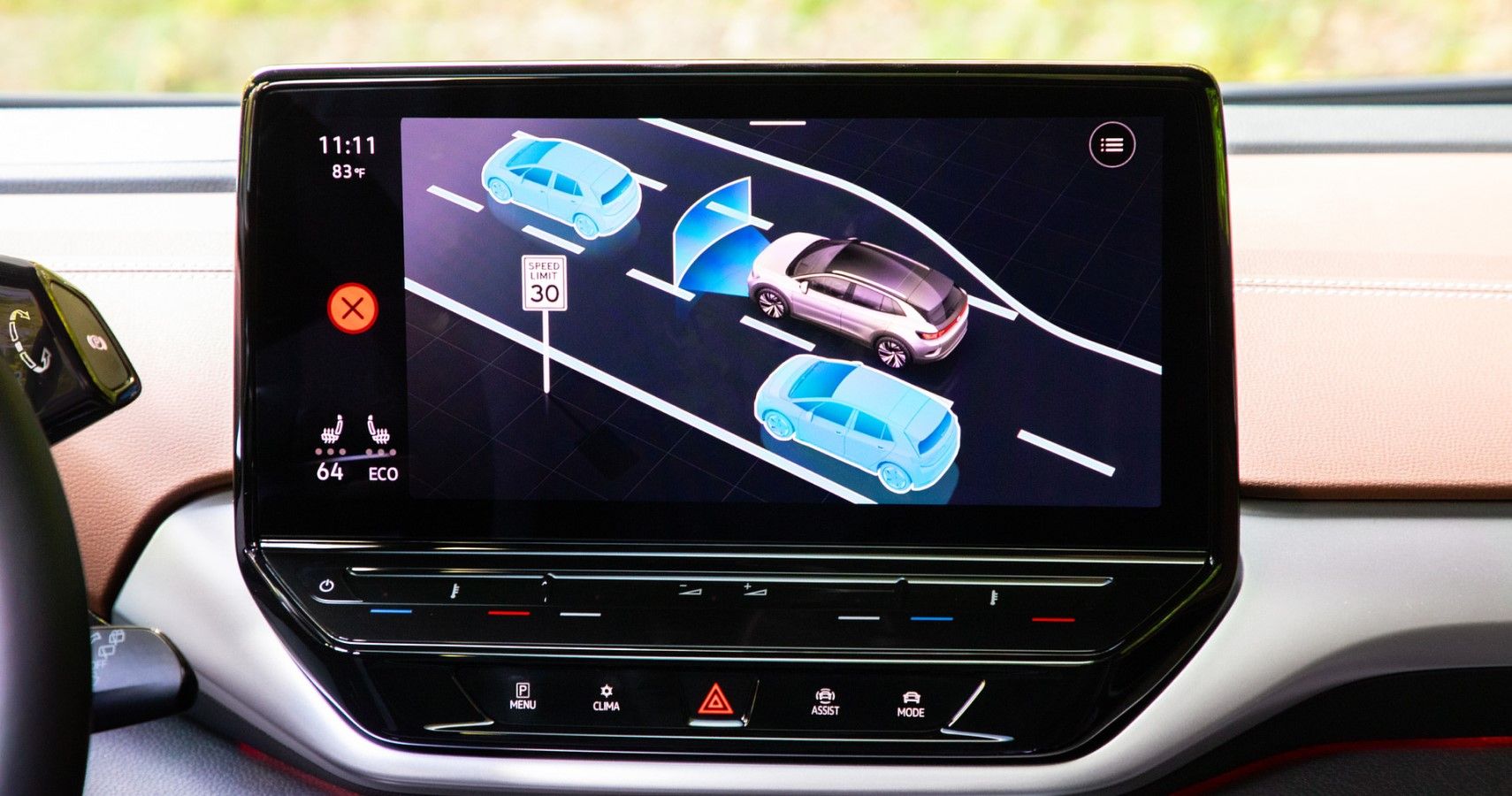 Volkswagen ID.4 showcasing its active safety feature on the infotainment screen