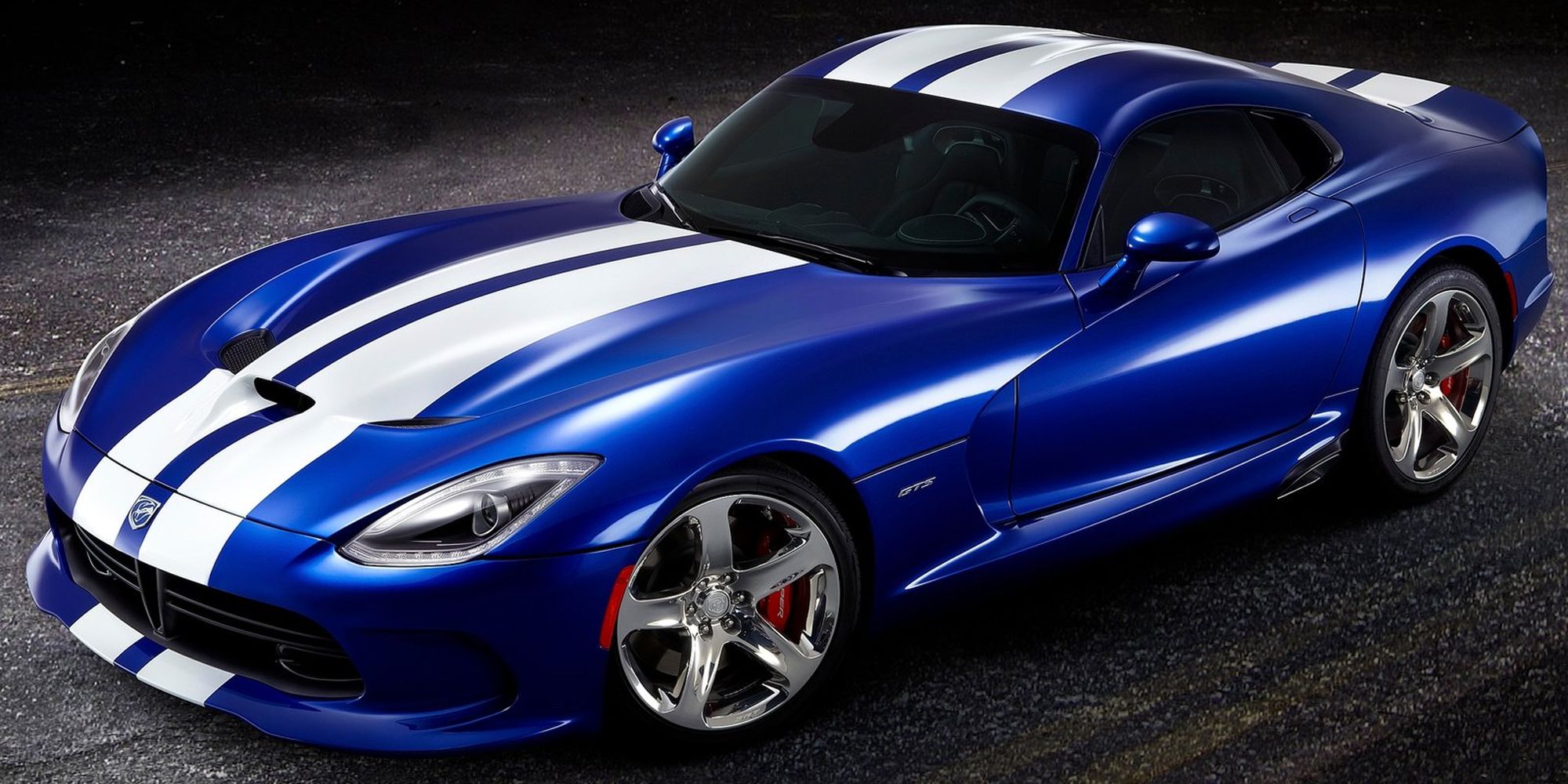 Front 3/4 view of a blue Viper GTS with white stripes