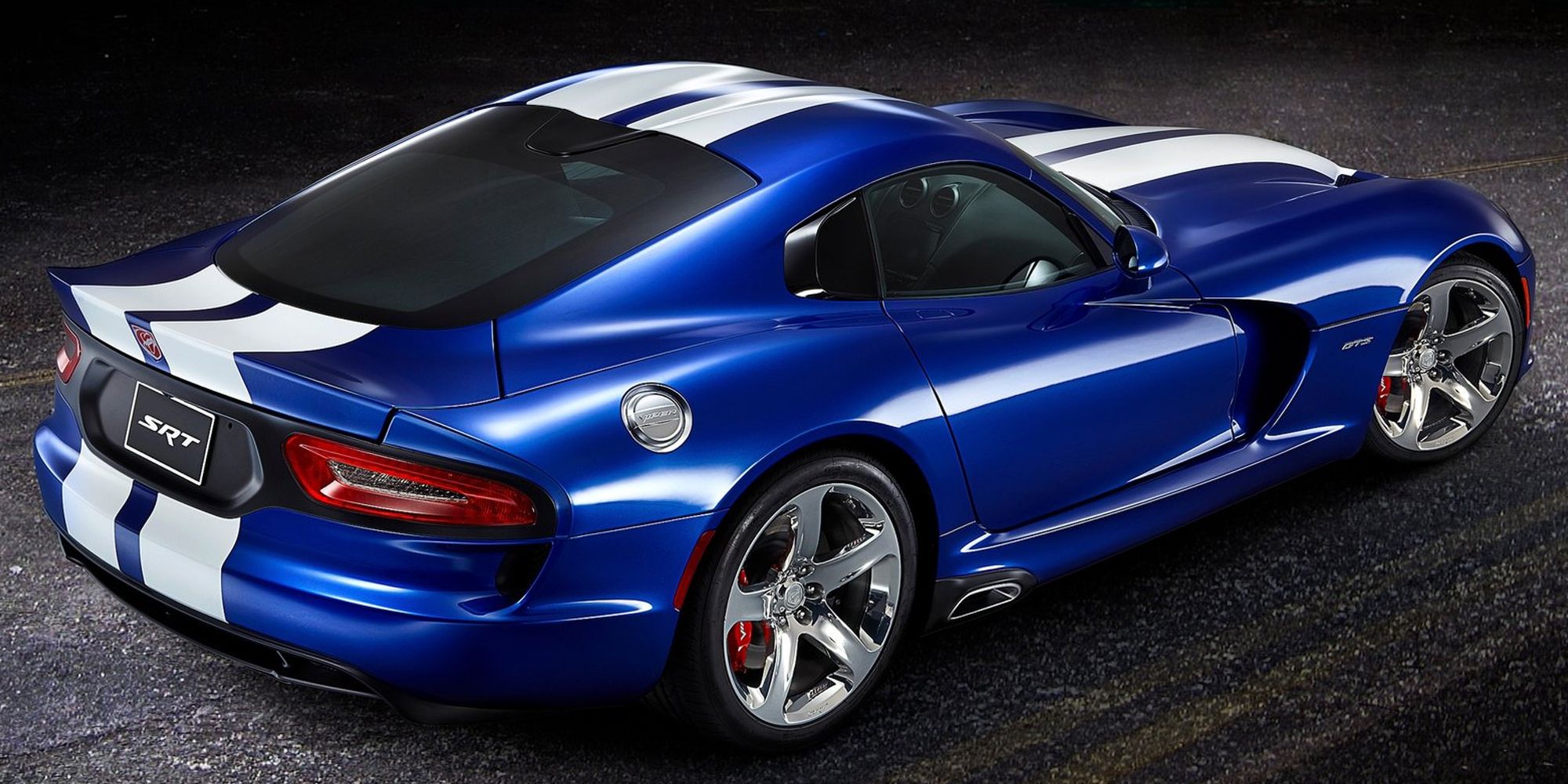 Rear 3/4 view of a blue Viper GTS with white stripes