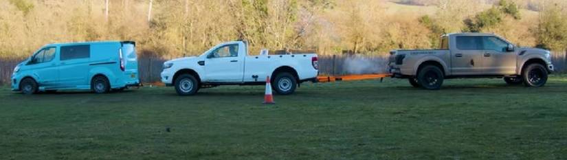 Ford Trans Raptor Watch This Epic Ford Pickup Tug-Of-War Between A F-150 Raptor And Ranger