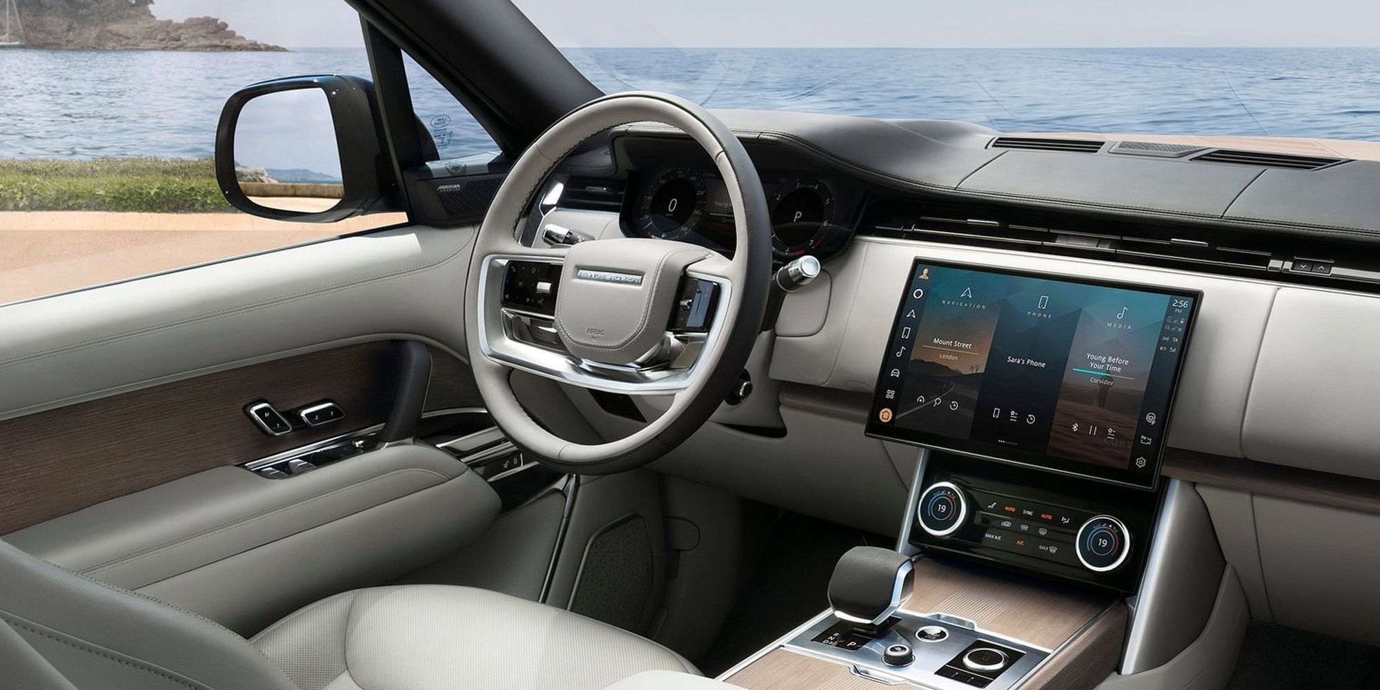 The interior of the new Range Rover, white leather