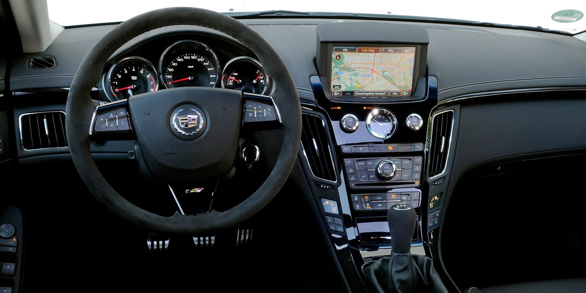The interior of the second generation CTS-V, infotainment screen up