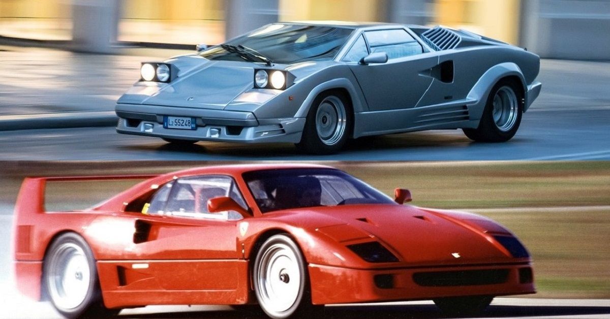 Ferrari F40 and Lamborghini Countach, red then silver, front quarter profiles on road