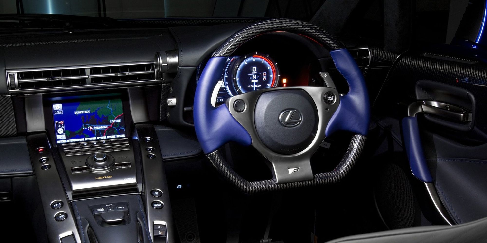 The interior of the LFA, RHD, black leather with blue accents