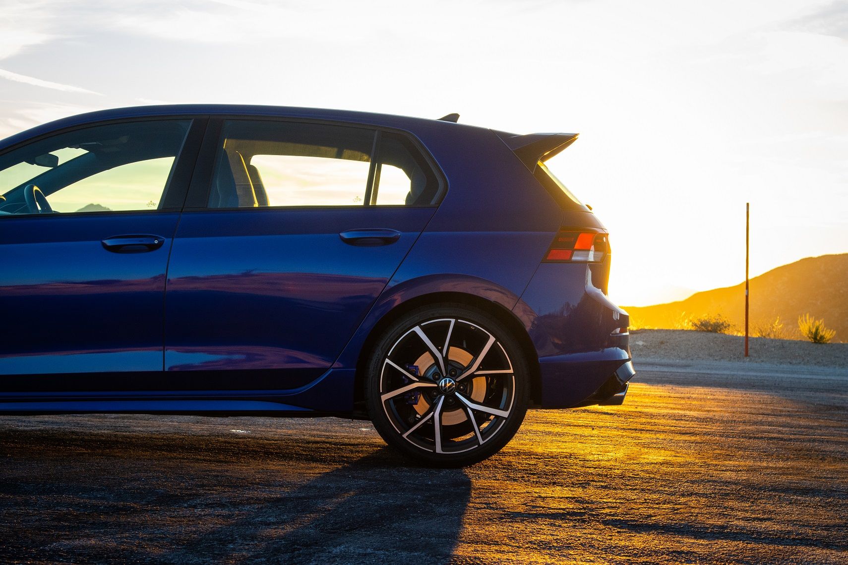 2022 VW Golf R Lapiz Blue at sunset