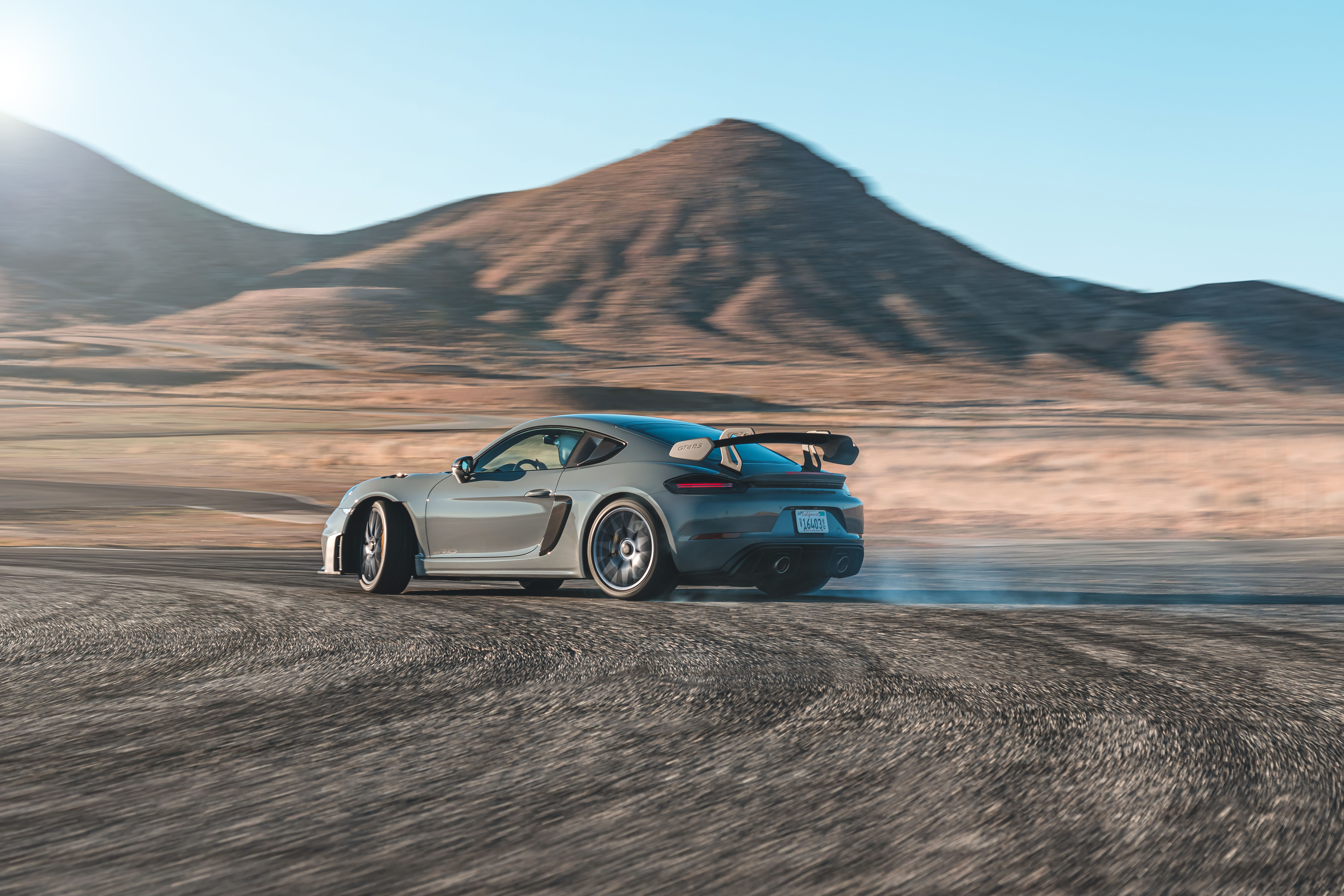 The Porsche Cayman GT4 RS performs a track testing. 