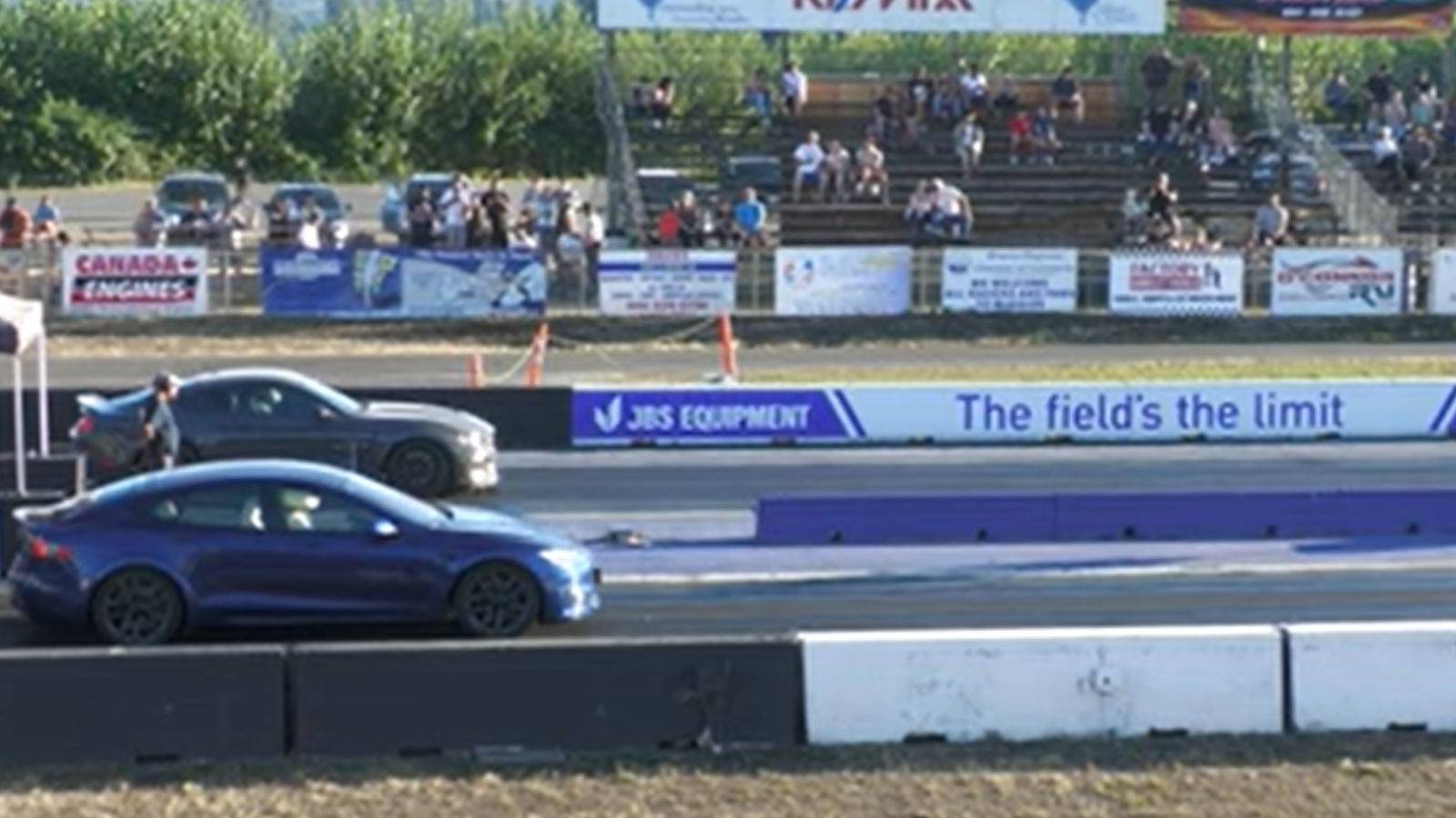 Watch A Few Muscle Cars Take On A Tesla Model S Plaid At The Drag Strip