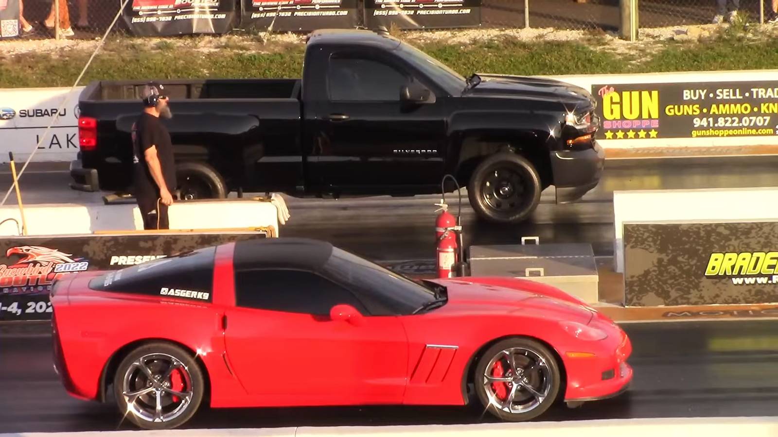 Watch A Chevy Silverado Shock A C6 Corvette At The Drag Strip
