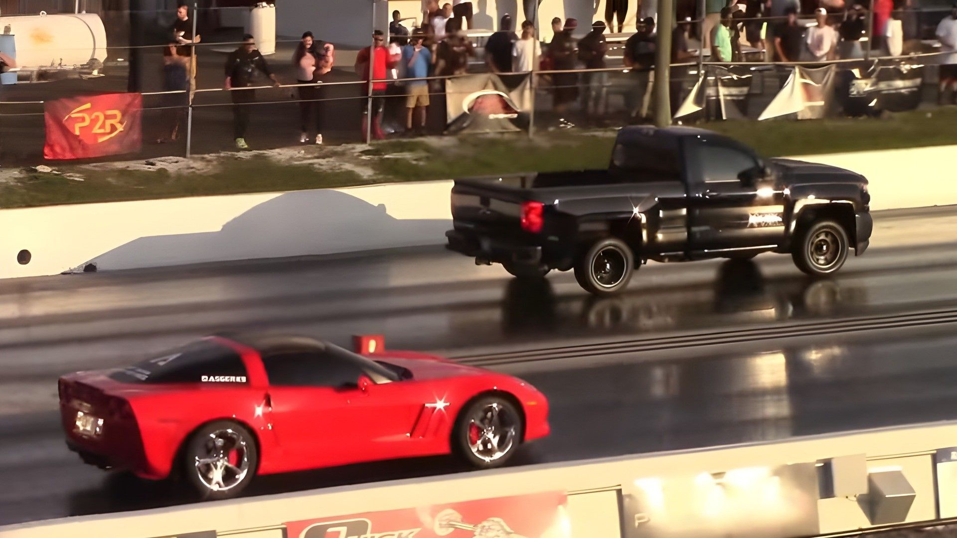 Watch A Chevy Silverado Shock A C6 Corvette At The Drag Strip
