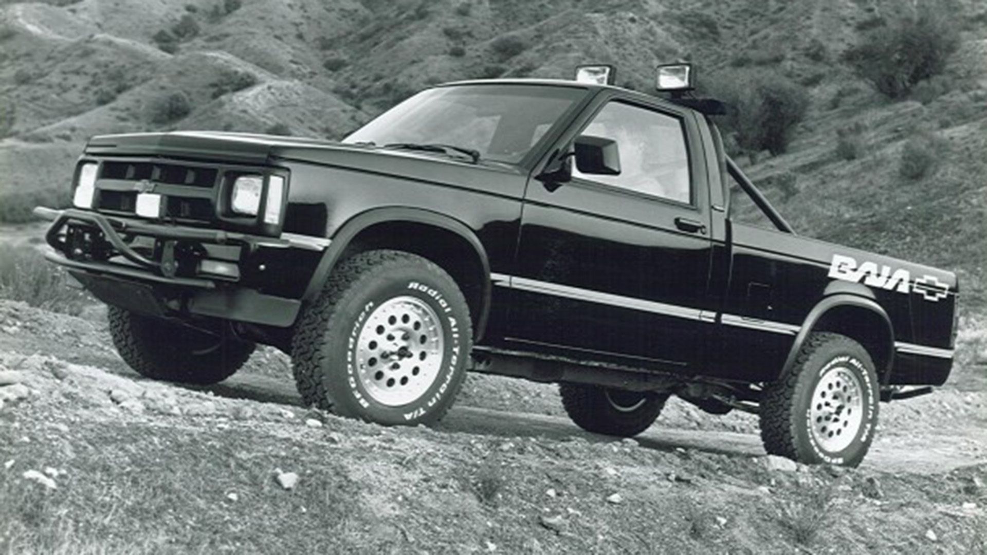1991 Chevrolet S-10 Baja front quarter view with mountains