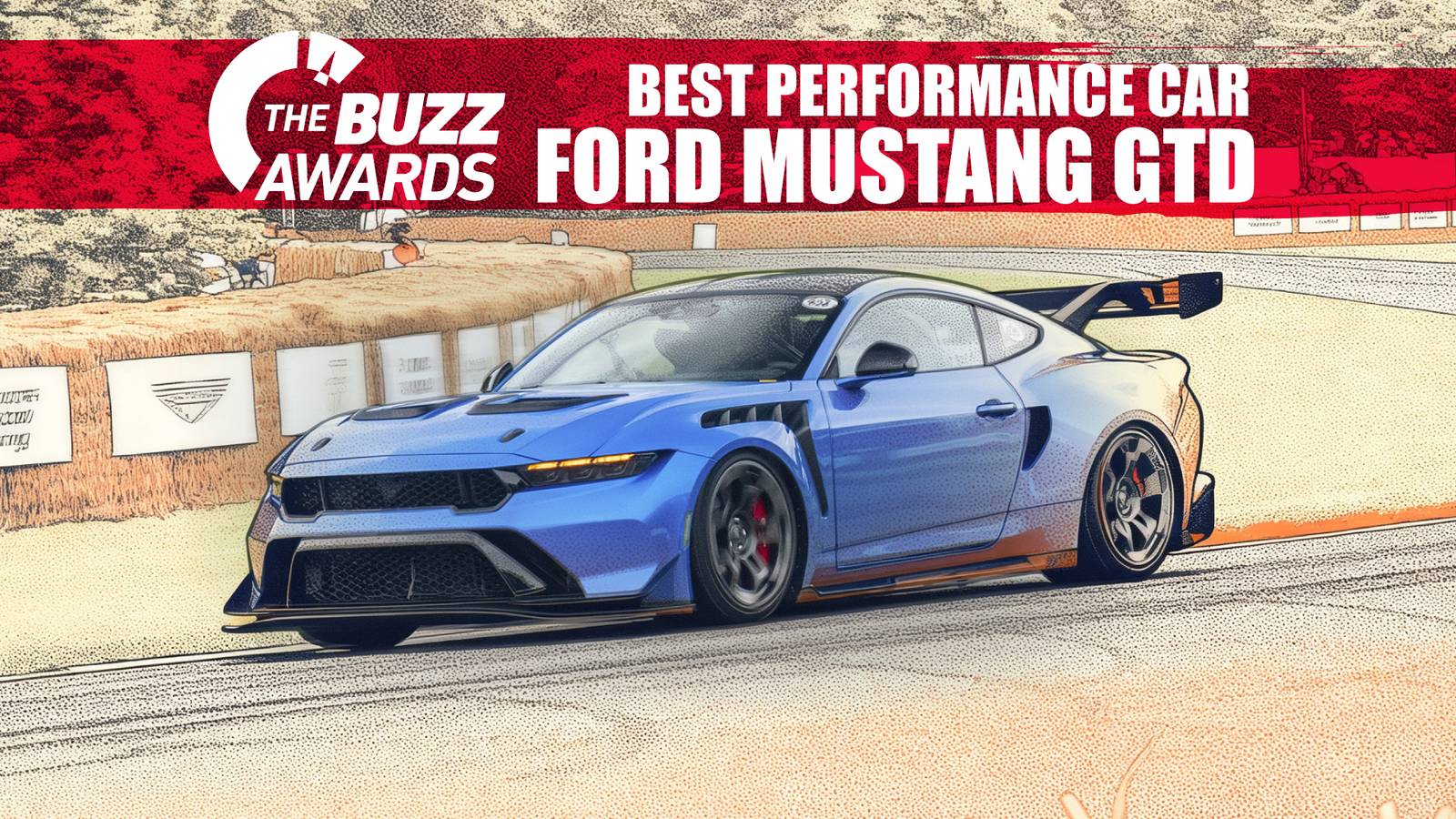 Ford Mustang GTD on a racetrack, showcasing its aggressive aerodynamic design and performance capabilities