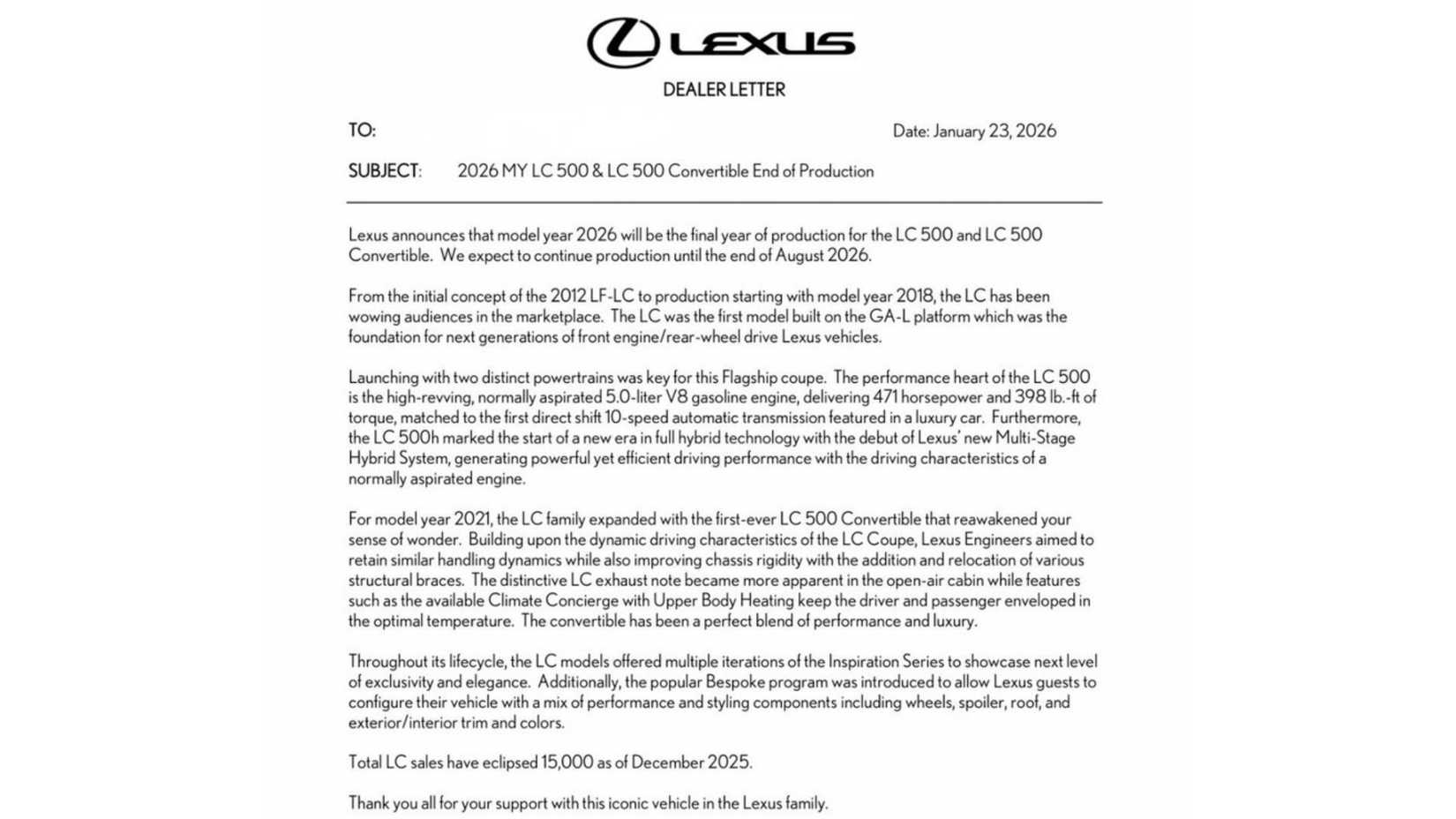 Lexus Confirms The LC 500 Will End Production After 2026