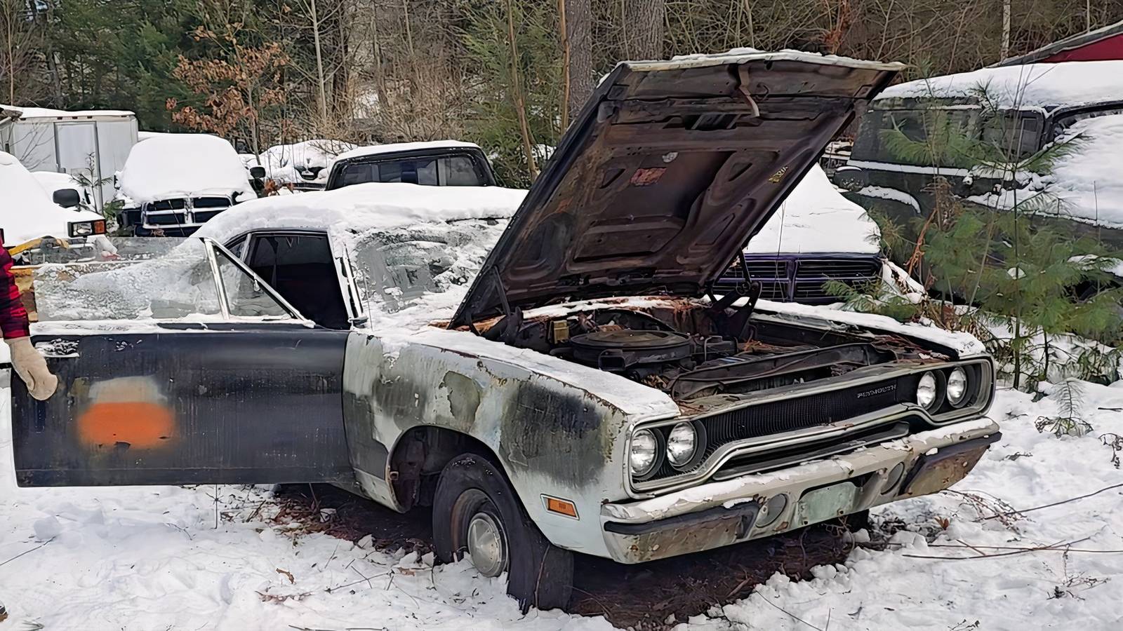1970 Plymouth Road Runner Buried In The Snow And Found In Junkyard